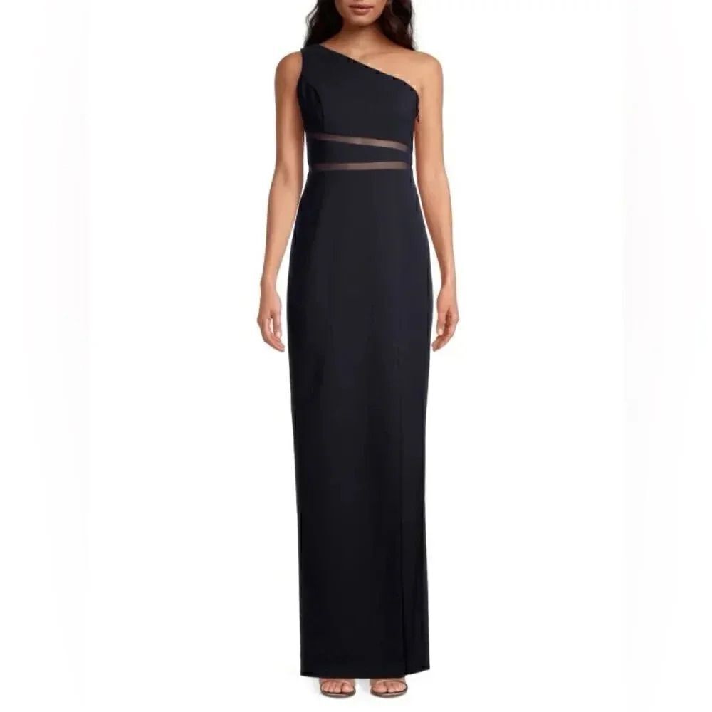 NWT women’s LIV FOSTER twilight navy blue one shoulder crepe maxi formal gown